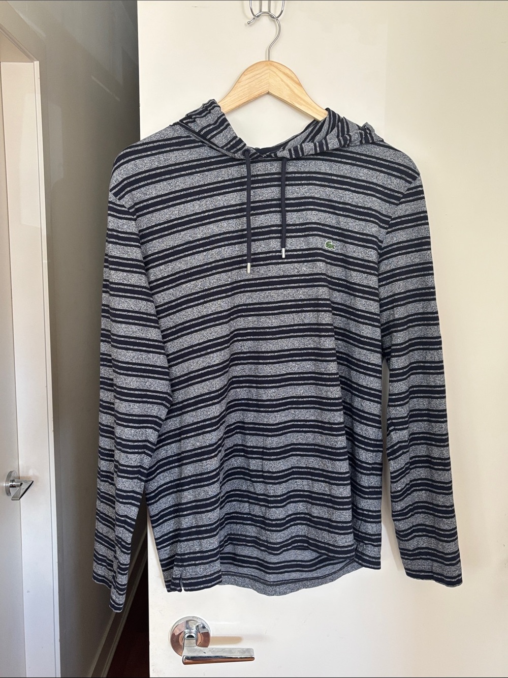 Lacoste Men's Gray & Black Striped Hooded Long Sleeve Pullover